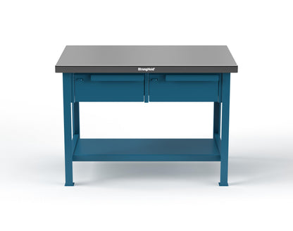Extreme Duty 7 GA Shop Table with Stainless Steel Top, 2 Drawers, 1 Shelf - 48 In. W x 30 In. D x 34 In. H - T4830-2DB-SSTOP-5001