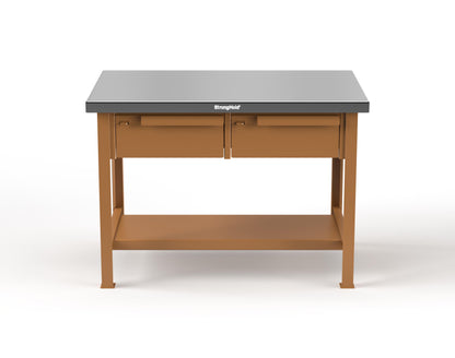 Extreme Duty 7 GA Shop Table with Stainless Steel Top, 2 Drawers, 1 Shelf - 48 In. W x 30 In. D x 34 In. H - T4830-2DB-SSTOP-8008