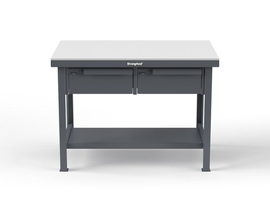 Extreme Duty 7 GA Shop Table with UHMW Top, 2 Drawers, 1 Shelf - 48 In. W x 30 In. D x 34 In. H - T4830-2DB-UHMW-7024