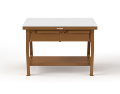 Extreme Duty 7 GA Shop Table with UHMW Top, 2 Drawers, 1 Shelf - 48 In. W x 30 In. D x 34 In. H - T4830-2DB-UHMW-8008