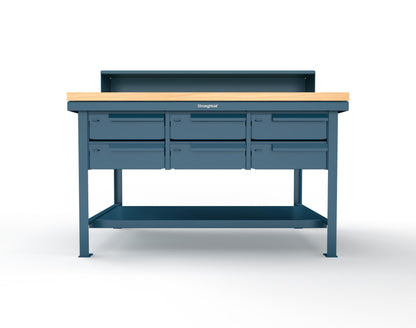 Extreme Duty 7 GA Shop Table with 1 3/4 in. Maple Top, Riser Shelf, 6 Drawers - 60 In. W x 36 In. D x 48 In. H - T6036-RS-6DB-MT-5001