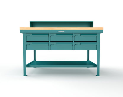 Extreme Duty 7 GA Shop Table with 1 3/4 in. Maple Top, Riser Shelf, 6 Drawers - 60 In. W x 36 In. D x 48 In. H - T6036-RS-6DB-MT-5021