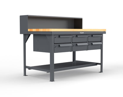 Extreme Duty 7 GA Shop Table with 1 3/4 in. Maple Top, Riser Shelf, 6 Drawers - 60 In. W x 36 In. D x 48 In. H - T6036-RS-6DB-MT-7024