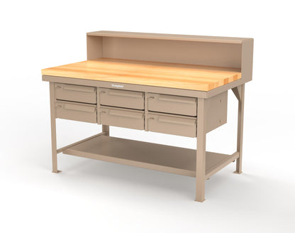Extreme Duty 7 GA Shop Table with 1 3/4 in. Maple Top, Riser Shelf, 6 Drawers - 60 In. W x 36 In. D x 48 In. H - T6036-RS-6DB-MT-1019