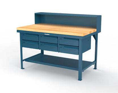 Extreme Duty 7 GA Shop Table with 1 3/4 in. Maple Top, Riser Shelf, 6 Drawers - 60 In. W x 36 In. D x 48 In. H - T6036-RS-6DB-MT-5001