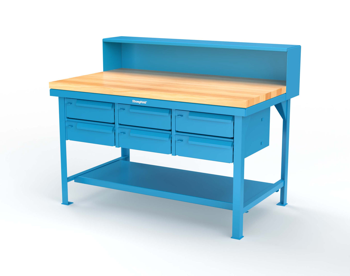 Extreme Duty 7 GA Shop Table with 1 3/4 in. Maple Top, Riser Shelf, 6 Drawers - 60 In. W x 36 In. D x 48 In. H - T6036-RS-6DB-MT-5012