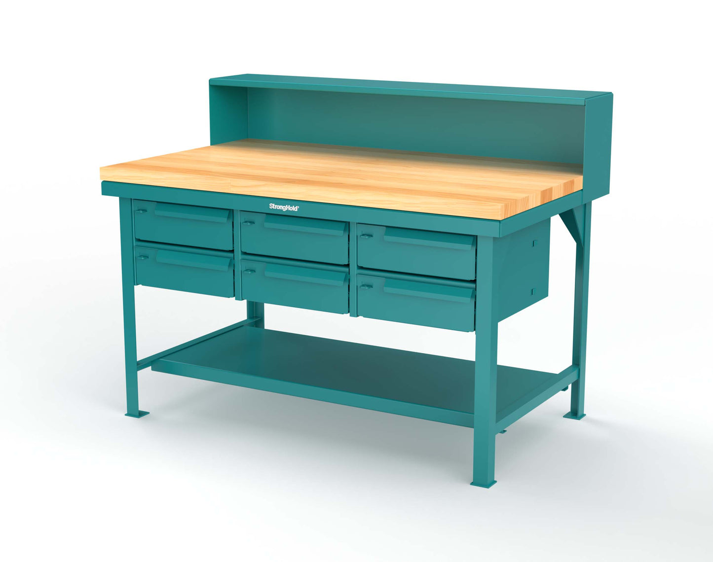 Extreme Duty 7 GA Shop Table with 1 3/4 in. Maple Top, Riser Shelf, 6 Drawers - 60 In. W x 36 In. D x 48 In. H - T6036-RS-6DB-MT-5021