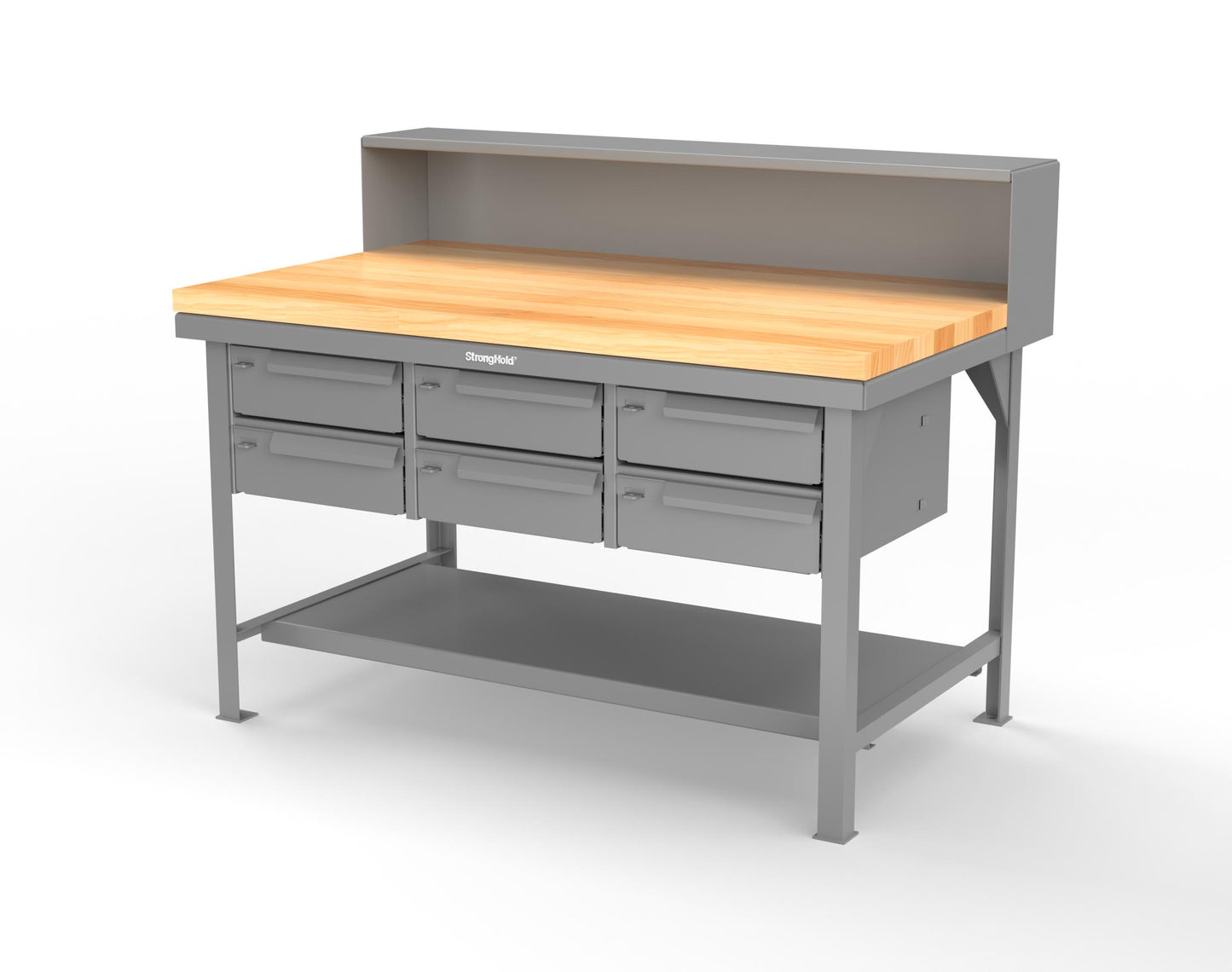 Extreme Duty 7 GA Shop Table with 1 3/4 in. Maple Top, Riser Shelf, 6 Drawers - 60 In. W x 36 In. D x 48 In. H - T6036-RS-6DB-MT-7037