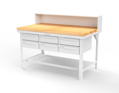 Extreme Duty 7 GA Shop Table with 1 3/4 in. Maple Top, Riser Shelf, 6 Drawers - 60 In. W x 36 In. D x 48 In. H - T6036-RS-6DB-MT-9003