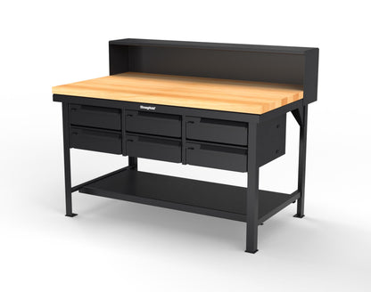Extreme Duty 7 GA Shop Table with 1 3/4 in. Maple Top, Riser Shelf, 6 Drawers - 60 In. W x 36 In. D x 48 In. H - T6036-RS-6DB-MT-9005