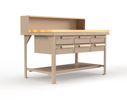 Extreme Duty 7 GA Shop Table with 1 3/4 in. Maple Top, Riser Shelf, 6 Drawers - 60 In. W x 36 In. D x 48 In. H - T6036-RS-6DB-MT-1019