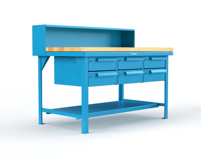 Extreme Duty 7 GA Shop Table with 1 3/4 in. Maple Top, Riser Shelf, 6 Drawers - 60 In. W x 36 In. D x 48 In. H - T6036-RS-6DB-MT-5012