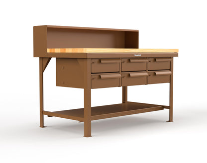 Extreme Duty 7 GA Shop Table with 1 3/4 in. Maple Top, Riser Shelf, 6 Drawers - 60 In. W x 36 In. D x 48 In. H - T6036-RS-6DB-MT-8008