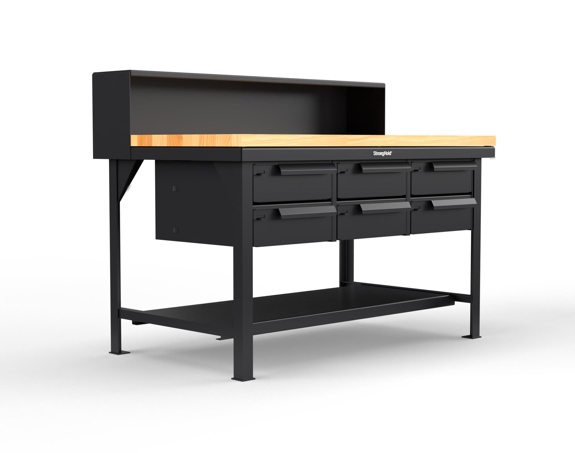 Extreme Duty 7 GA Shop Table with 1 3/4 in. Maple Top, Riser Shelf, 6 Drawers - 60 In. W x 36 In. D x 48 In. H - T6036-RS-6DB-MT-9005