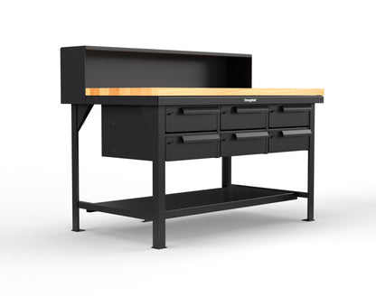 Extreme Duty 7 GA Shop Table with 1 3/4 in. Maple Top, Riser Shelf, 6 Drawers - 60 In. W x 36 In. D x 48 In. H - T6036-RS-6DB-MT-9005