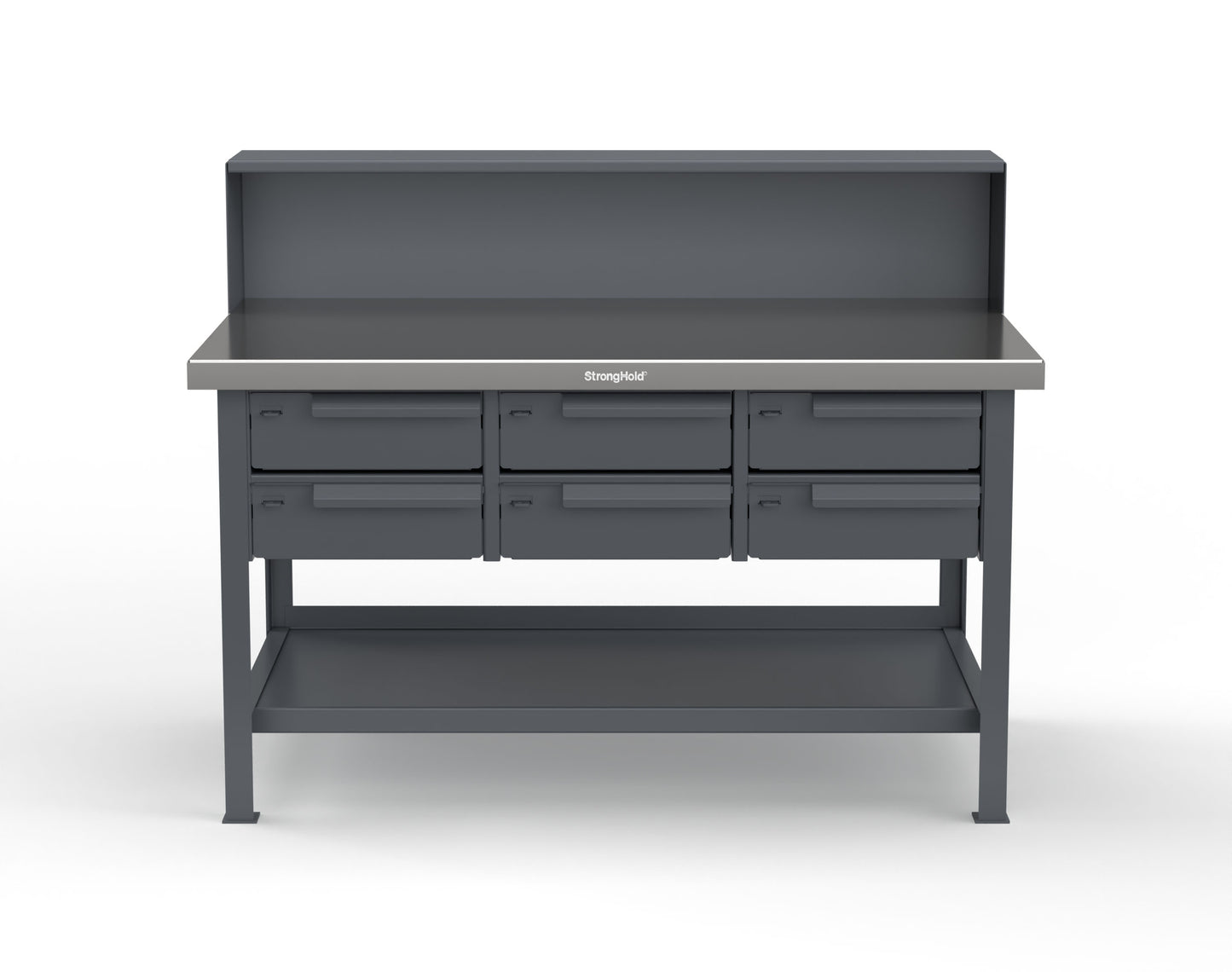 Extreme Duty 7 GA Shop Table with Stainless Steel Top, Riser Shelf, 6 Drawers - 60 In. W x 36 In. D x 48 In. H - T6036-RS-6DB-SSTOP-7024