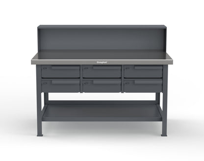 Extreme Duty 7 GA Shop Table with Stainless Steel Top, Riser Shelf, 6 Drawers - 60 In. W x 36 In. D x 48 In. H - T6036-RS-6DB-SSTOP-7024
