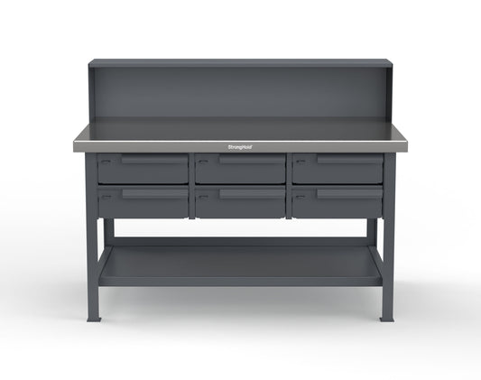 Extreme Duty 7 GA Shop Table with Stainless Steel Top, Riser Shelf, 6 Drawers - 60 In. W x 36 In. D x 48 In. H - T6036-RS-6DB-SSTOP-7024