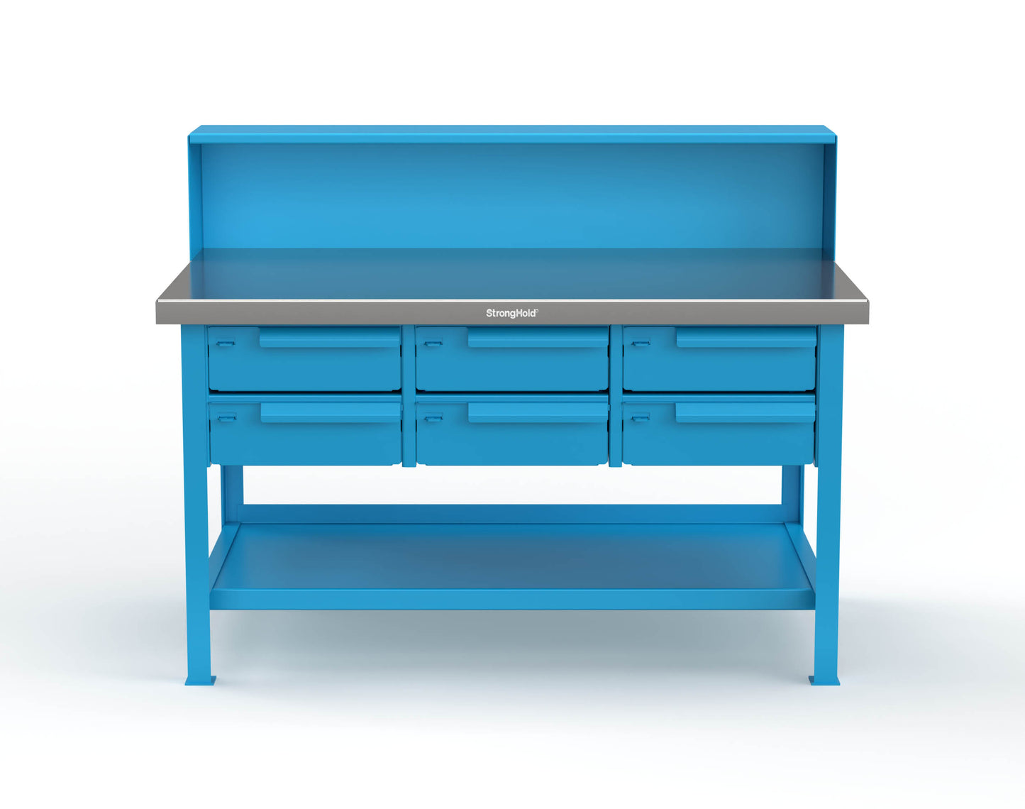 Extreme Duty 7 GA Shop Table with Stainless Steel Top, Riser Shelf, 6 Drawers - 60 In. W x 36 In. D x 48 In. H - T6036-RS-6DB-SSTOP-5012