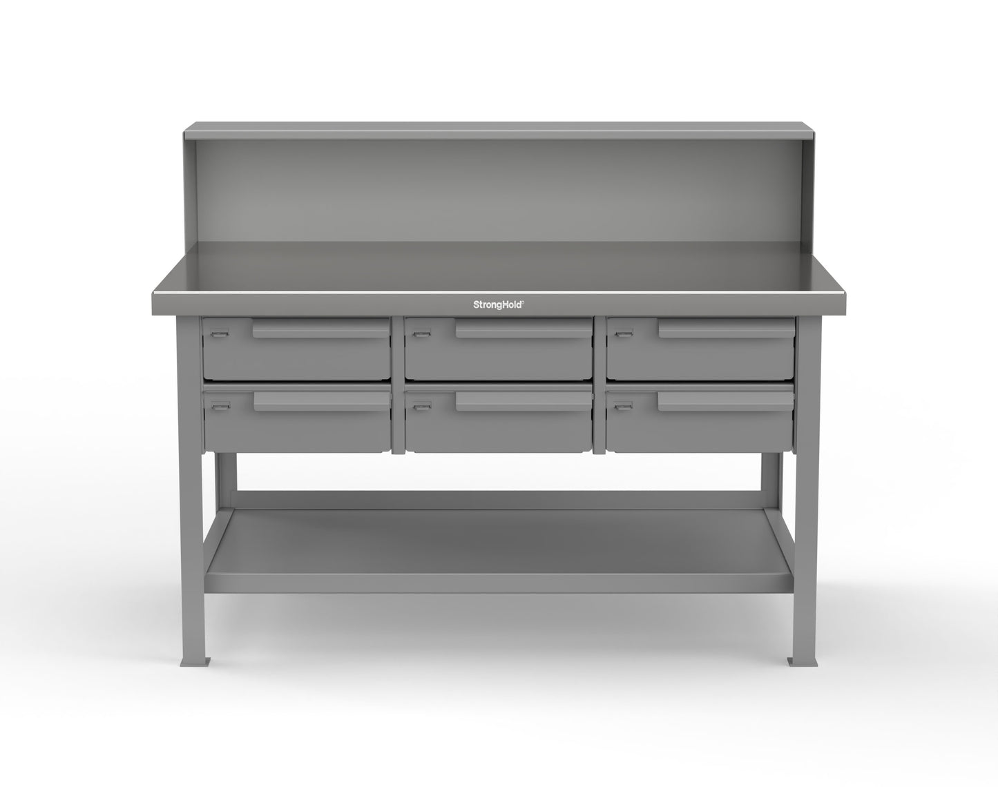 Extreme Duty 7 GA Shop Table with Stainless Steel Top, Riser Shelf, 6 Drawers - 60 In. W x 36 In. D x 48 In. H - T6036-RS-6DB-SSTOP-7037