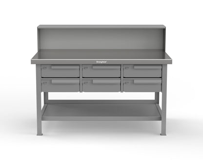 Extreme Duty 7 GA Shop Table with Stainless Steel Top, Riser Shelf, 6 Drawers - 60 In. W x 36 In. D x 48 In. H - T6036-RS-6DB-SSTOP-7037