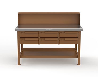 Extreme Duty 7 GA Shop Table with Stainless Steel Top, Riser Shelf, 6 Drawers - 60 In. W x 36 In. D x 48 In. H - T6036-RS-6DB-SSTOP-8008