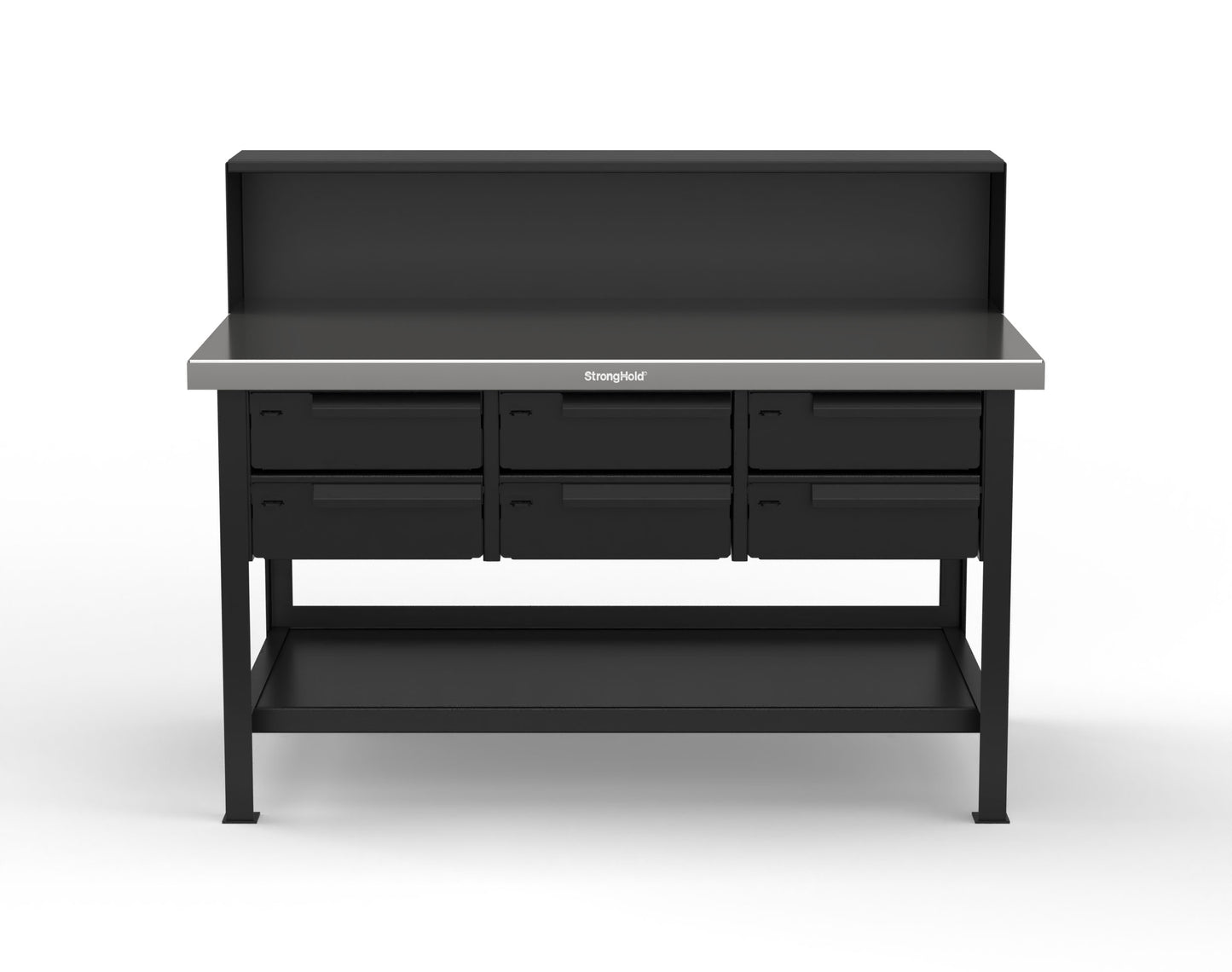 Extreme Duty 7 GA Shop Table with Stainless Steel Top, Riser Shelf, 6 Drawers - 60 In. W x 36 In. D x 48 In. H - T6036-RS-6DB-SSTOP-9005