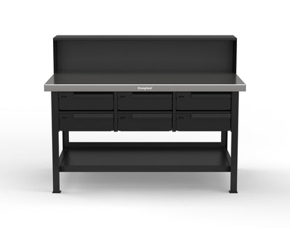 Extreme Duty 7 GA Shop Table with Stainless Steel Top, Riser Shelf, 6 Drawers - 60 In. W x 36 In. D x 48 In. H - T6036-RS-6DB-SSTOP-9005