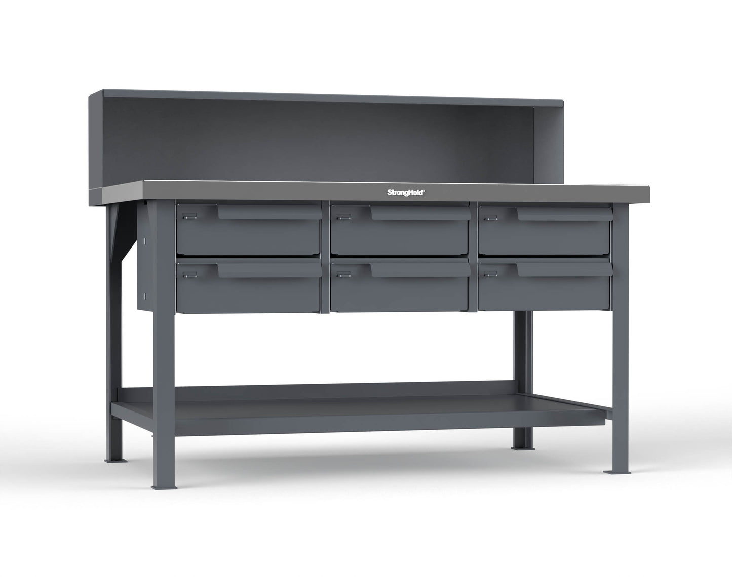 Extreme Duty 7 GA Shop Table with Stainless Steel Top, Riser Shelf, 6 Drawers - 60 In. W x 36 In. D x 48 In. H - T6036-RS-6DB-SSTOP-7024