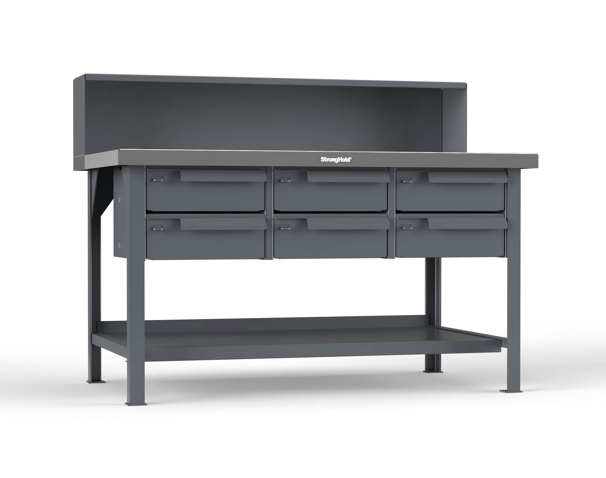 Extreme Duty 7 GA Shop Table with Stainless Steel Top, Riser Shelf, 6 Drawers - 60 In. W x 36 In. D x 48 In. H - T6036-RS-6DB-SSTOP-7024