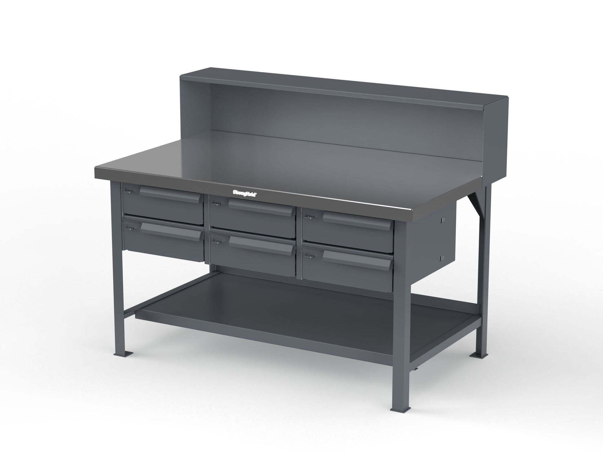 Extreme Duty 7 GA Shop Table with Stainless Steel Top, Riser Shelf, 6 Drawers - 60 In. W x 36 In. D x 48 In. H - T6036-RS-6DB-SSTOP-7024