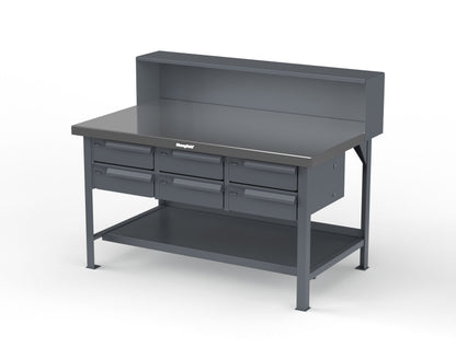 Extreme Duty 7 GA Shop Table with Stainless Steel Top, Riser Shelf, 6 Drawers - 60 In. W x 36 In. D x 48 In. H - T6036-RS-6DB-SSTOP-7024