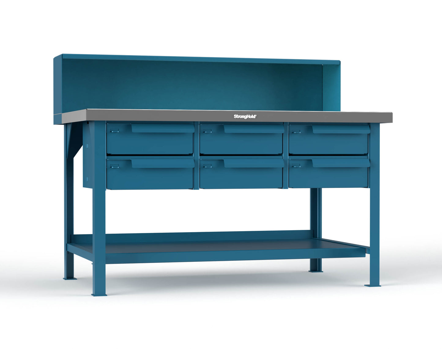 Extreme Duty 7 GA Shop Table with Stainless Steel Top, Riser Shelf, 6 Drawers - 60 In. W x 36 In. D x 48 In. H - T6036-RS-6DB-SSTOP-5001