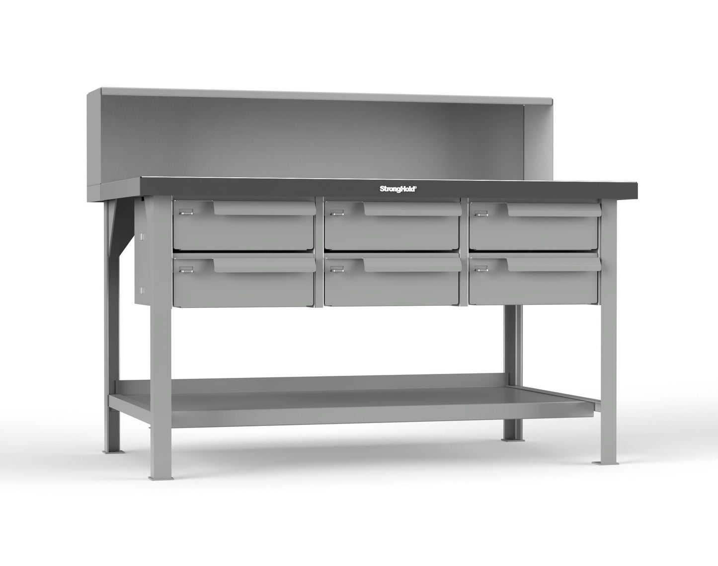Extreme Duty 7 GA Shop Table with Stainless Steel Top, Riser Shelf, 6 Drawers - 60 In. W x 36 In. D x 48 In. H - T6036-RS-6DB-SSTOP-7037