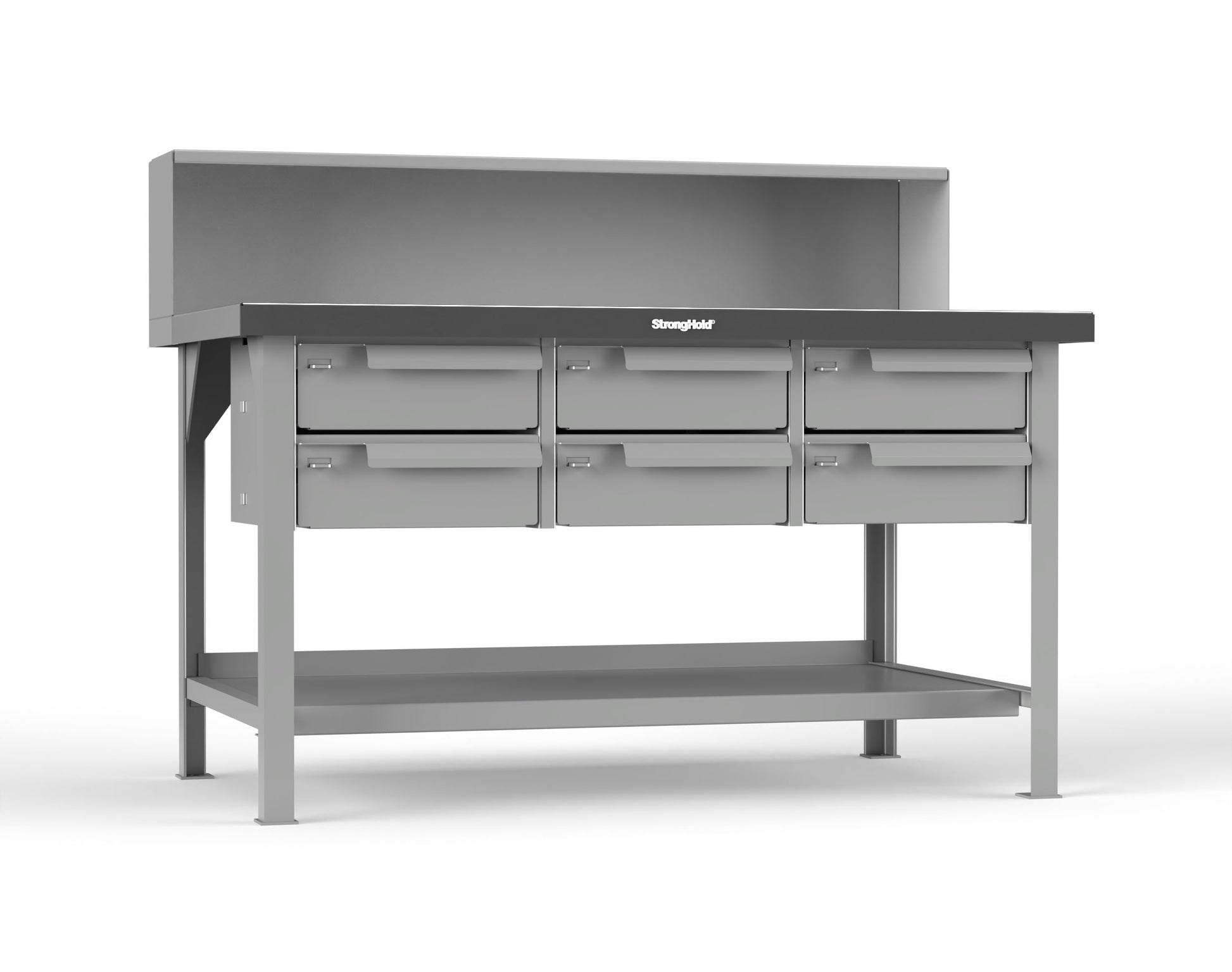 Extreme Duty 7 GA Shop Table with Stainless Steel Top, Riser Shelf, 6 Drawers - 60 In. W x 36 In. D x 48 In. H - T6036-RS-6DB-SSTOP-7037