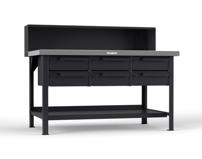 Extreme Duty 7 GA Shop Table with Stainless Steel Top, Riser Shelf, 6 Drawers - 60 In. W x 36 In. D x 48 In. H - T6036-RS-6DB-SSTOP-9005