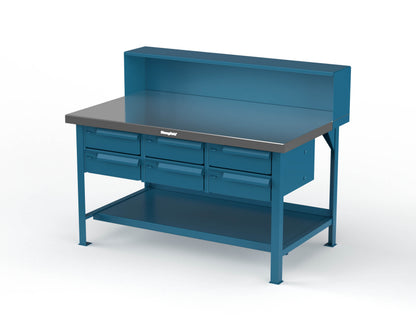 Extreme Duty 7 GA Shop Table with Stainless Steel Top, Riser Shelf, 6 Drawers - 60 In. W x 36 In. D x 48 In. H - T6036-RS-6DB-SSTOP-5001
