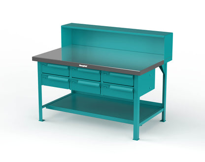 Extreme Duty 7 GA Shop Table with Stainless Steel Top, Riser Shelf, 6 Drawers - 60 In. W x 36 In. D x 48 In. H - T6036-RS-6DB-SSTOP-5021