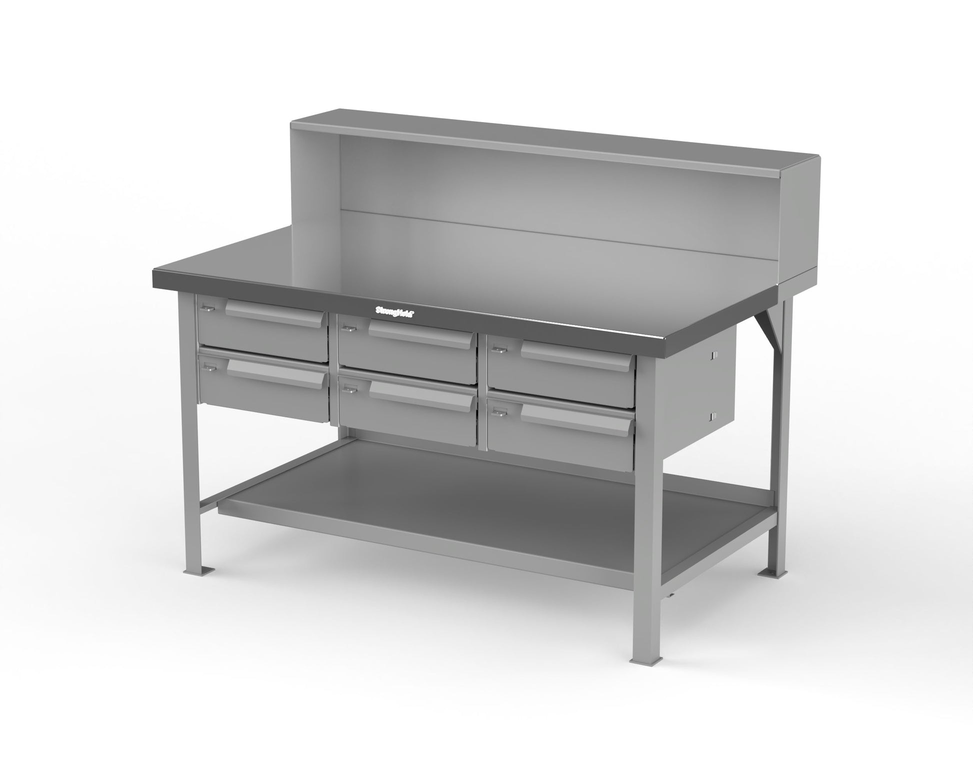 Extreme Duty 7 GA Shop Table with Stainless Steel Top, Riser Shelf, 6 Drawers - 60 In. W x 36 In. D x 48 In. H - T6036-RS-6DB-SSTOP-7037