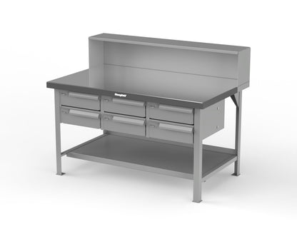 Extreme Duty 7 GA Shop Table with Stainless Steel Top, Riser Shelf, 6 Drawers - 60 In. W x 36 In. D x 48 In. H - T6036-RS-6DB-SSTOP-7037