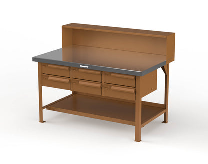 Extreme Duty 7 GA Shop Table with Stainless Steel Top, Riser Shelf, 6 Drawers - 60 In. W x 36 In. D x 48 In. H - T6036-RS-6DB-SSTOP-8008