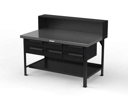 Extreme Duty 7 GA Shop Table with Stainless Steel Top, Riser Shelf, 6 Drawers - 60 In. W x 36 In. D x 48 In. H - T6036-RS-6DB-SSTOP-9005