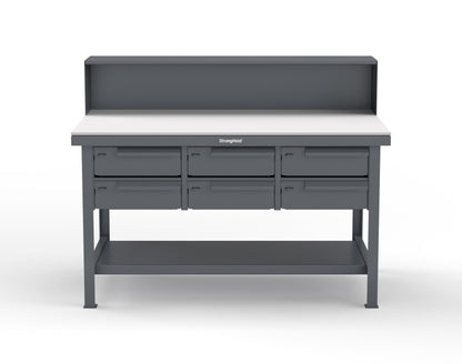 Extreme Duty 7 GA Shop Table with UHMW Top, Riser Shelf, 6 Drawers - 60 In. W x 36 In. D x 48 In. H - T6036-RS-6DB-UHMW-7024