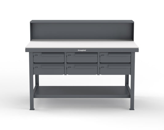 Extreme Duty 7 GA Shop Table with UHMW Top, Riser Shelf, 6 Drawers - 60 In. W x 36 In. D x 48 In. H - T6036-RS-6DB-UHMW-7024