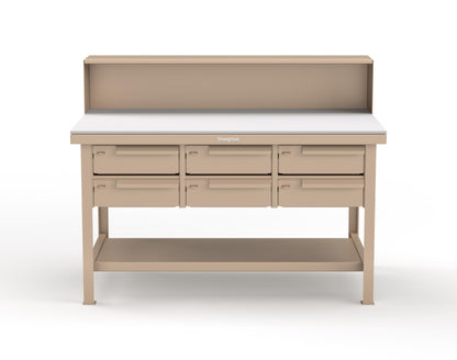 Extreme Duty 7 GA Shop Table with UHMW Top, Riser Shelf, 6 Drawers - 60 In. W x 36 In. D x 48 In. H - T6036-RS-6DB-UHMW-1019