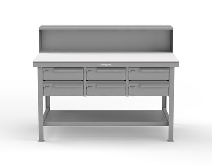 Extreme Duty 7 GA Shop Table with UHMW Top, Riser Shelf, 6 Drawers - 60 In. W x 36 In. D x 48 In. H - T6036-RS-6DB-UHMW-7037