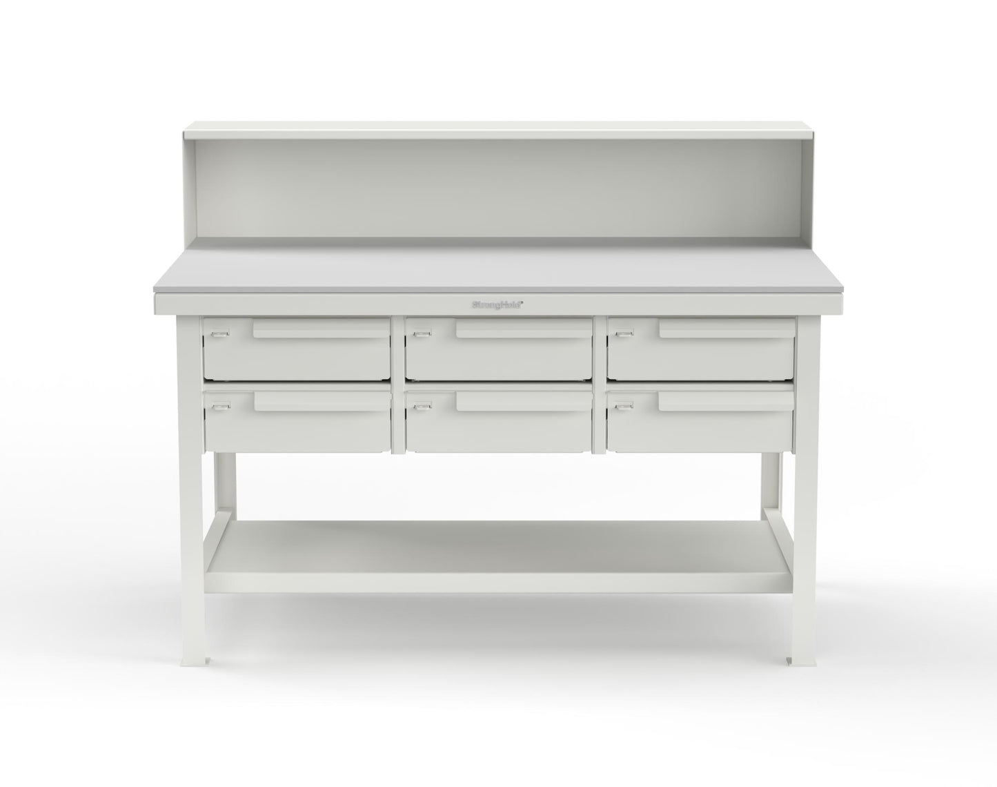 Extreme Duty 7 GA Shop Table with UHMW Top, Riser Shelf, 6 Drawers - 60 In. W x 36 In. D x 48 In. H - T6036-RS-6DB-UHMW-9003