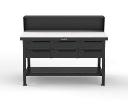 Extreme Duty 7 GA Shop Table with UHMW Top, Riser Shelf, 6 Drawers - 60 In. W x 36 In. D x 48 In. H - T6036-RS-6DB-UHMW-9005