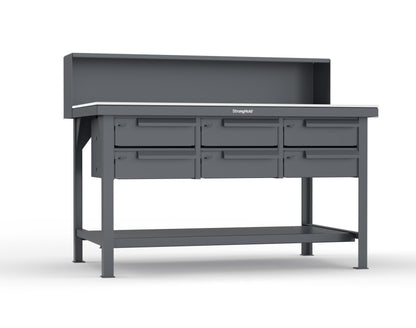 Extreme Duty 7 GA Shop Table with UHMW Top, Riser Shelf, 6 Drawers - 60 In. W x 36 In. D x 48 In. H - T6036-RS-6DB-UHMW-7024