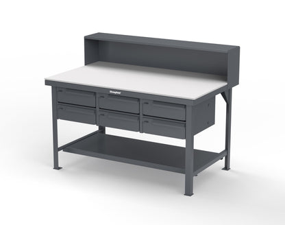 Extreme Duty 7 GA Shop Table with UHMW Top, Riser Shelf, 6 Drawers - 60 In. W x 36 In. D x 48 In. H - T6036-RS-6DB-UHMW-7024